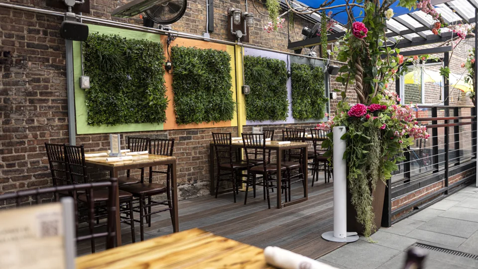 Patio with green plant walls and flowers